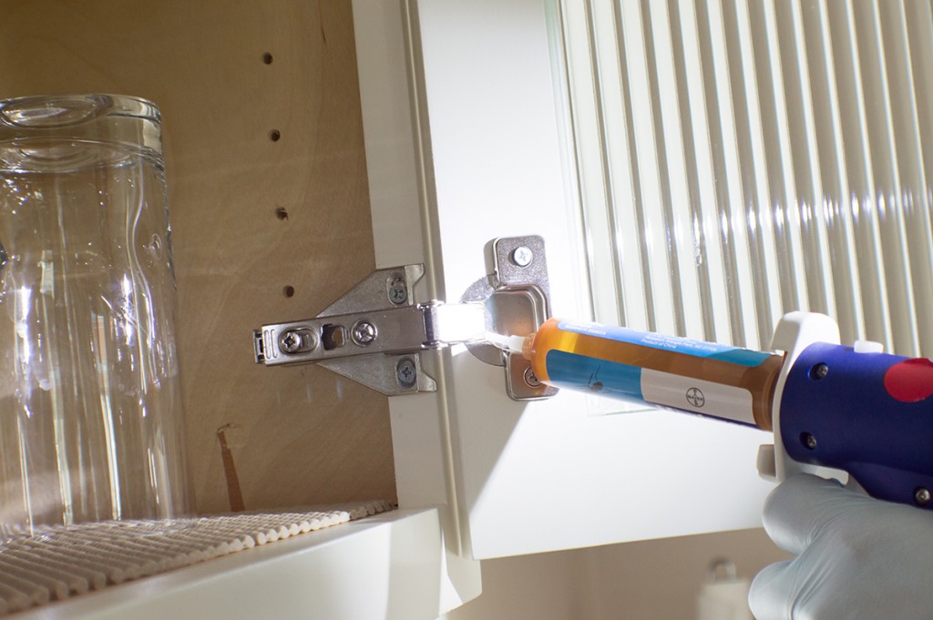 Technician applying ant control treatment inside kitchen cabinet in Los Angeles home.